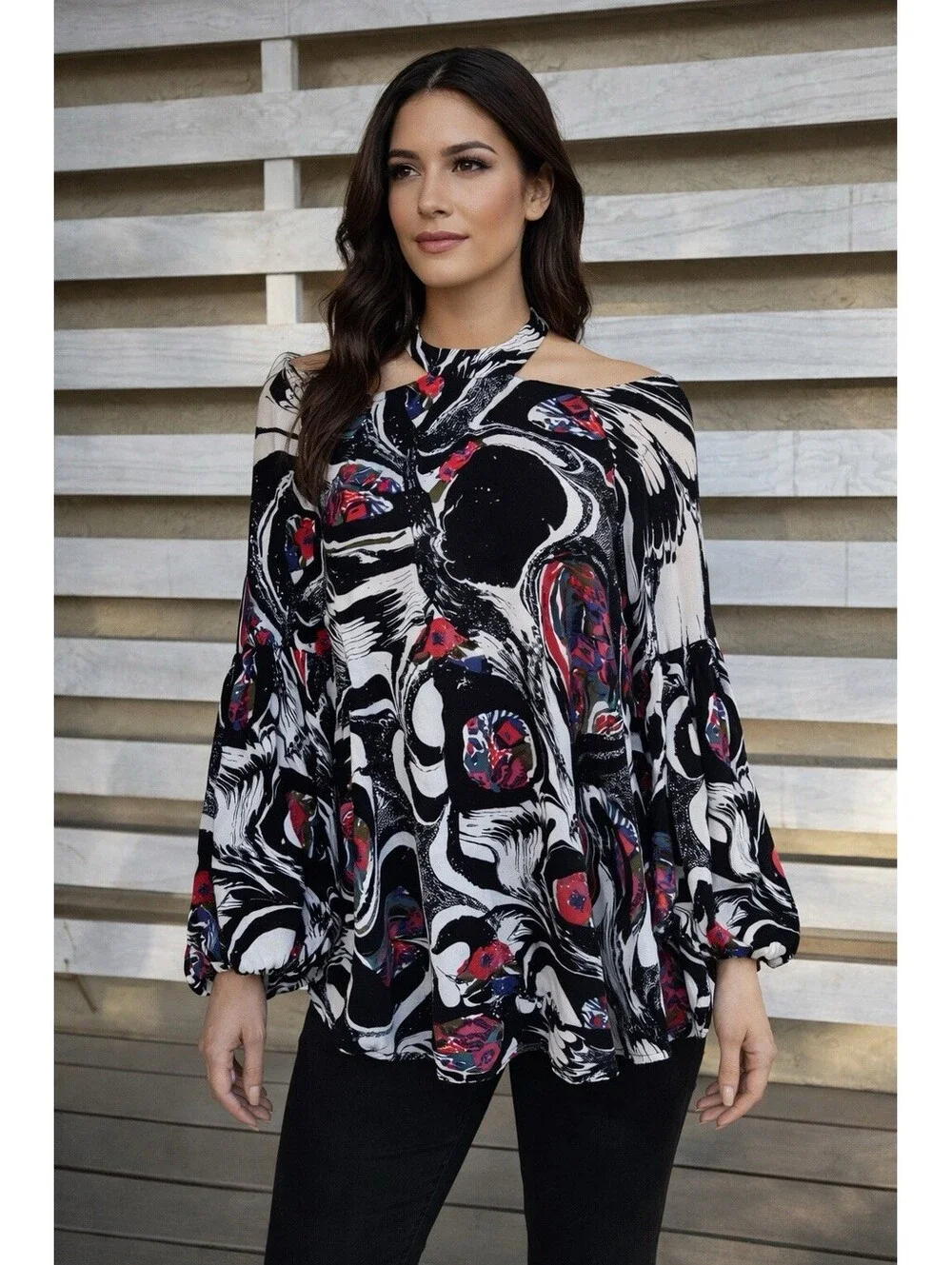 Free People Drift Away Black Cold Shoulder Tunic Balloon Sleeve Dress Size S